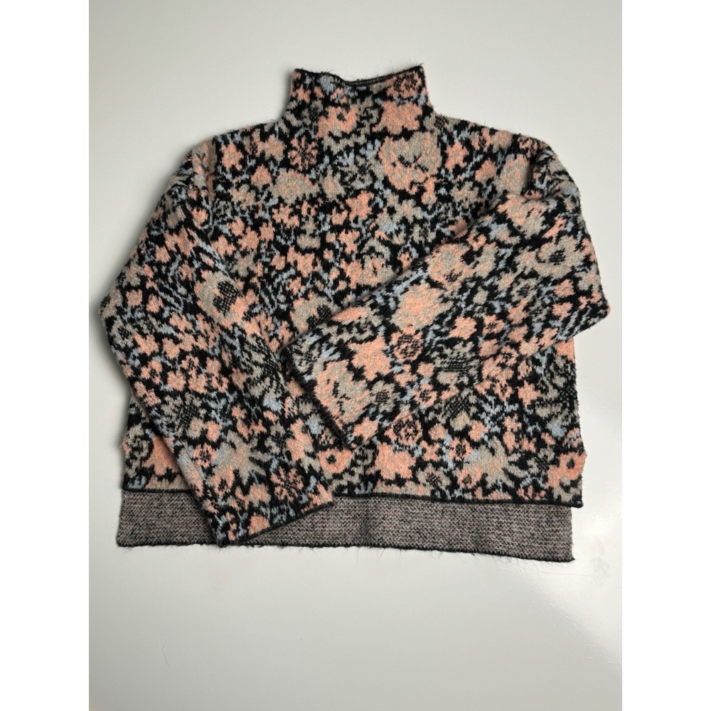 Zara Women's High Neck Oversized Wool Blend Multicolor Floral Cozy Sweater Sz S